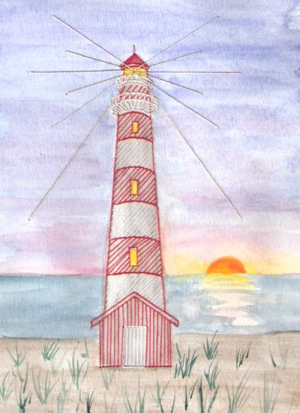 Embroidery on Watercolor Lighthouse at Sunrise